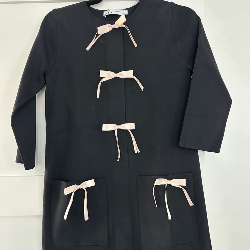 Zara Black Coat Dress with Pink Bow Accents